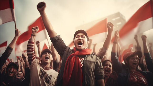 a group of people commemorated Indonesian independence day on the street carrying red and white flags 