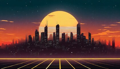Retro futuristic synthwave retrowave style night cityscape with sunset in the background. Cover or poster template for retro wave music.  - obrazy, fototapety, plakaty