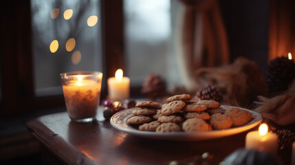 Obraz premium Christmas biscuits at the windowshill with candles, cozy envairoment, winter time
