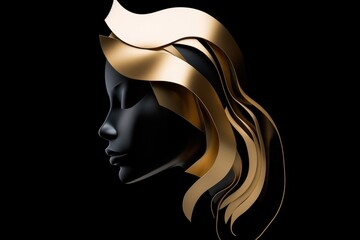 chasing of a gold, white and black portrait of a woman, isolated on a black background. 