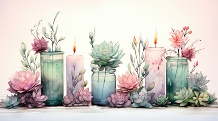Watercolor illustration of Place candles in festive holders on tables, mantels, or windowsills.  - obrazy, fototapety, plakaty