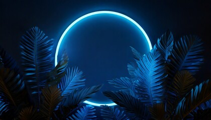 Fototapeta na wymiar Leaves plant wall and neon light template. Blue circle neon light with tropical leaves. 