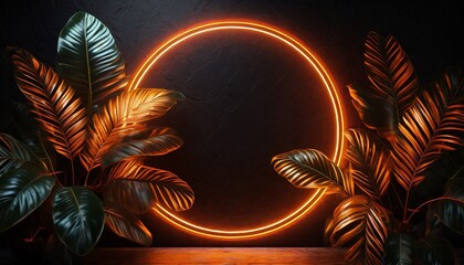 Leaves plant wall and neon light template. Orange circle neon light with tropical leaves