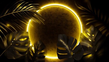  Leaves plant wall and neon light template. Orange circle neon light with tropical leaves. 
