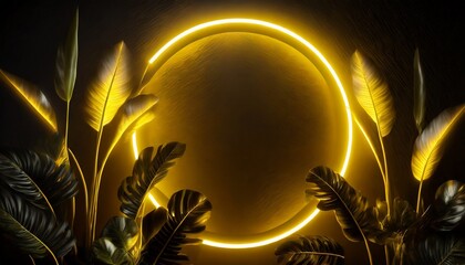 Obraz premium Leaves plant wall and neon light template. Yellow circle neon light with tropical leaves.