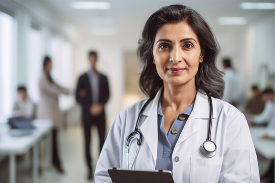 Portrait of an Indian doctor in a medical gown with a stethoscope in a private clinic. Confident doctor with people standing in the background in a hospital corridor.