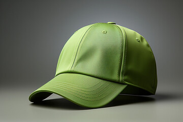 Green baseball cap on a gray background with soft lighting.