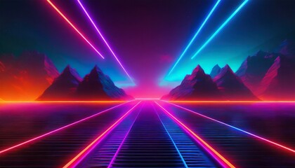 Synthwave retro cyberpunk style landscape background banner or wallpaper. 