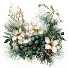 Watercolor Christmas composition with branches, pine cones and white flowers on a light background. Festive print for design or background.element for design for Christmas 