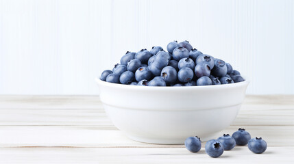 Freshly picked blueberries in a white vintage ceramic bowl. Selective focus Free space generative ai