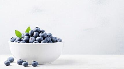 Freshly picked blueberries in a white vintage ceramic bowl. Selective focus Free space generative ai