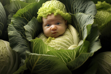 Newborn baby in cabbage. Baby standing in green cabbage in the garden - obrazy, fototapety, plakaty
