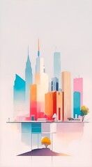 Spectacular watercolour painting of an abstract urban, cityscape, skyscraper scene in orange and teal, greyish smog. Double exposure building. Digital art 3D illustration.