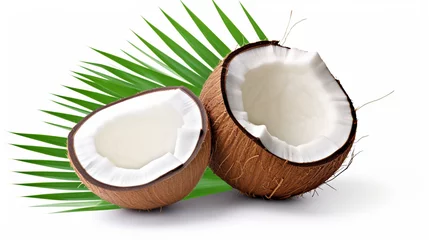 Fotobehang Fresh raw coconut with palm leaves isolated on white background. generative ai © Witri