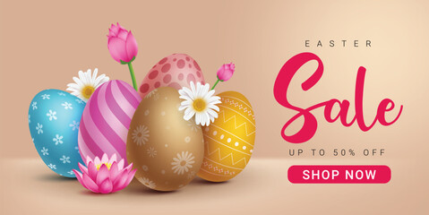 Easter sale vector banner design. Easter sale discount promo offer text with colorful pattern eggs and flowers decoration elements. Vector illustration easter sale promotion banner.
