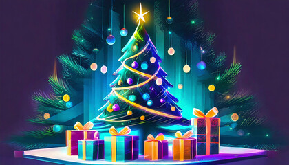 Farbenfrohe Weihnachtskarte mit Christbaum und Geschenken, KI generiert