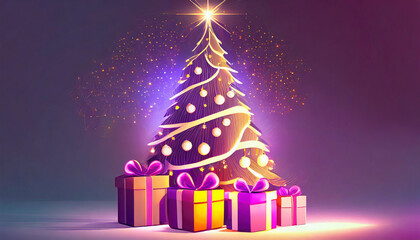 Farbenfroher Christbaum mit Geschenken als Weihnachtskarte, in Purpur lila färben, ai, ki generiert 