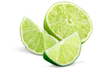 Delicious lime slices closeup on white background cutout