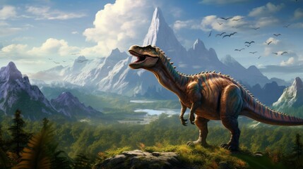 Naklejka premium A dinosaur is standing on a hill in front of mountains. Generative AI.