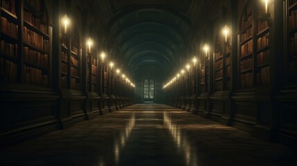 A long hallway with many bookshelves and lights. Generative AI.
