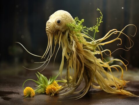 A plant with tentacles and flowers on it. Generative AI.