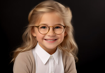 Blond happy pretty school girl kid 7 years in glasses, smiling, looking at camera, on the black background, studio shot. Back to school concept