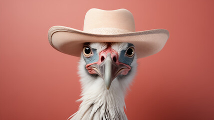 Portrait of a bird wearing a stylish beige cowboy hat, isolated on coral red  backround. Costume, fashion, fun. Creative animal concept.