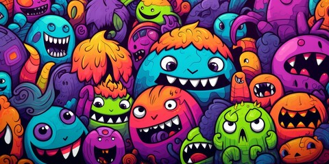 doodle cute and funny monsters on colorful background, Generative AI