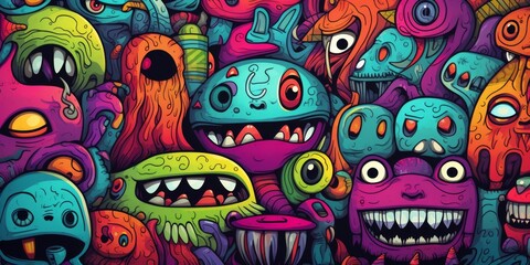 Fototapeta premium doodle cute and funny monsters on colorful background, Generative AI