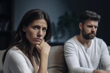 Fototapeta premium Offended young woman and man argument, сlose up upset wife in front and husband behind sits at sofa quarrel at home. Family conflict, crisis, psychological abuse, relationships concept