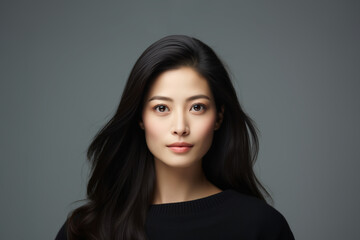 Fototapeta premium Portrait of a young Asian woman with good health glowing skin and positivity standing and looking at the camera.
