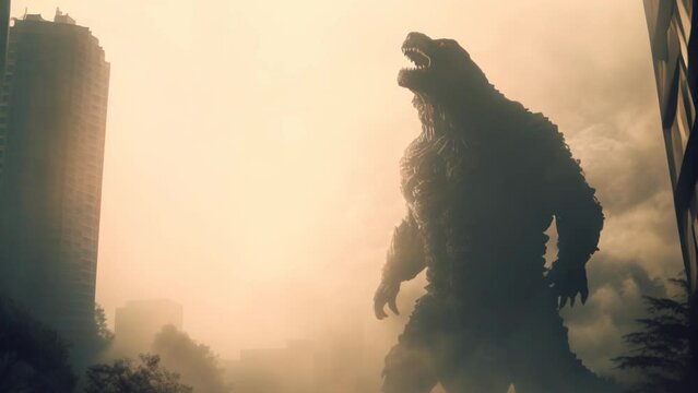Giant monster roaring in a huge city with smoke and dust all around animation