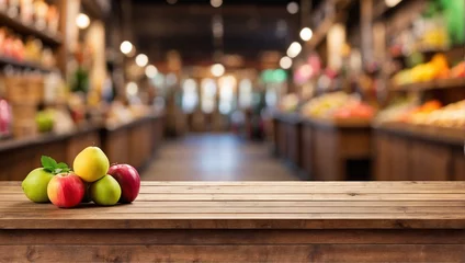 Fotobehang Fruits on a wooden table with blur fruit shop background © adynue