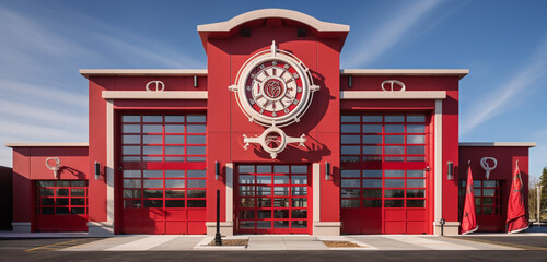 A fire station with a bold 3D front featuring firefighter motifs and emblems