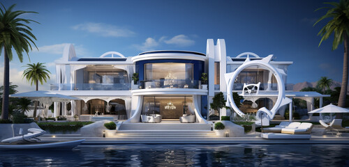 A luxury yacht club with a 3D nautical-themed front elevation in blue and white
