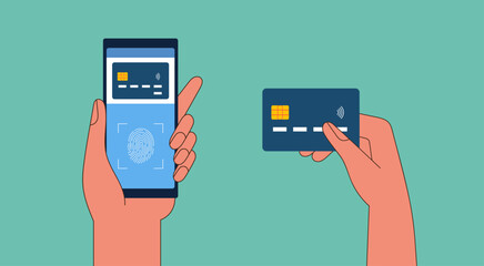 Digital Finance Innovation, Smartphone Security with Fingerprint Authentication for Payment, Vector Flat Illustration Design