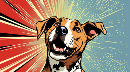Dog in pop art style with vibrant background, in the style of god rays, striped arrangements, detailed, clear designs, animated gifs, action-packed cartoons,