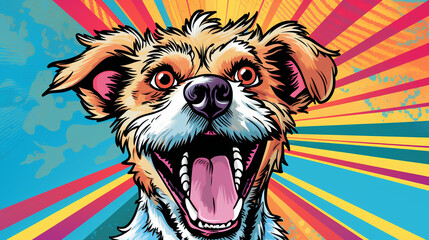 Dog in pop art style with vibrant background, in the style of god rays, striped arrangements, detailed, clear designs, animated gifs, action-packed cartoons, - obrazy, fototapety, plakaty