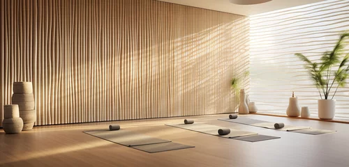 Gardinen A serene yoga studio with a 3D bamboo wall texture and minimalist floor cushions © ZUBI CREATIONS