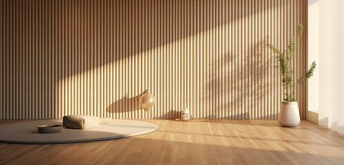 A serene yoga studio with a 3D bamboo wall texture and minimalist floor cushions