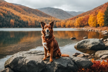 Naklejka premium Red dog in a collar sits on a beautiful lake shore