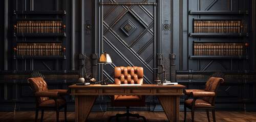A vintage study with a 3D embossed leather wall and minimalist wooden desk and shelves