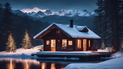 Fototapeta premium cabin on the lake,Beautiful view of mountains , snow , winter time,house in the mountains
