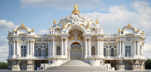 An opera house with an intricate 3D baroque style front elevation in white marble