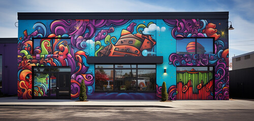An urban art gallery with a 3D graffiti-style front facade, showcasing vibrant street art