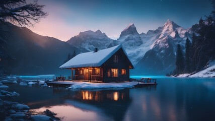 cabin on the lake,Beautiful view of mountains , snow , winter time,house in the mountains - obrazy, fototapety, plakaty