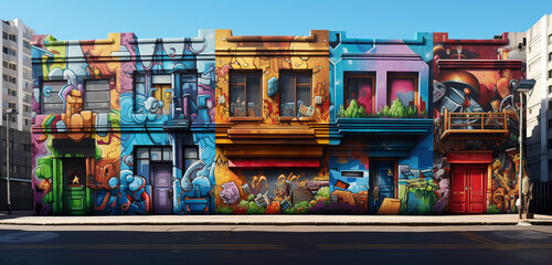 An urban art gallery with a 3D graffiti-style front facade, showcasing vibrant street art