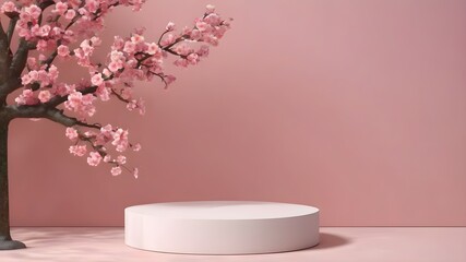 stone product podium with cherry blossom flowers on pink background. Spring mockup template display. Neutral asian aesthetic. - obrazy, fototapety, plakaty