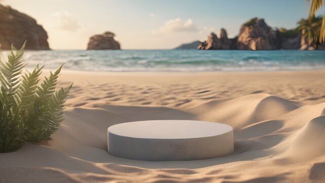 stone product podium backdrop for product photoshoot beach with trees and sea