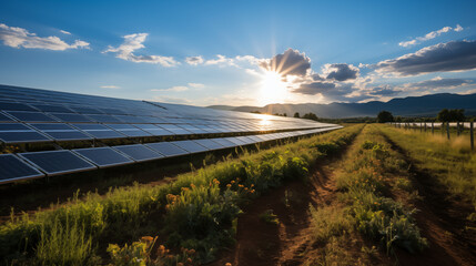 Obraz premium large sustainable electrical power plant with rows of solar photovoltaic panels for producing clean electric energy. Concept of renewable electricity with zero emission. 